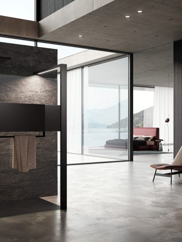 HÜPPE Sphere pure Wallbox with light freestanding Black Edition glass clear prechod